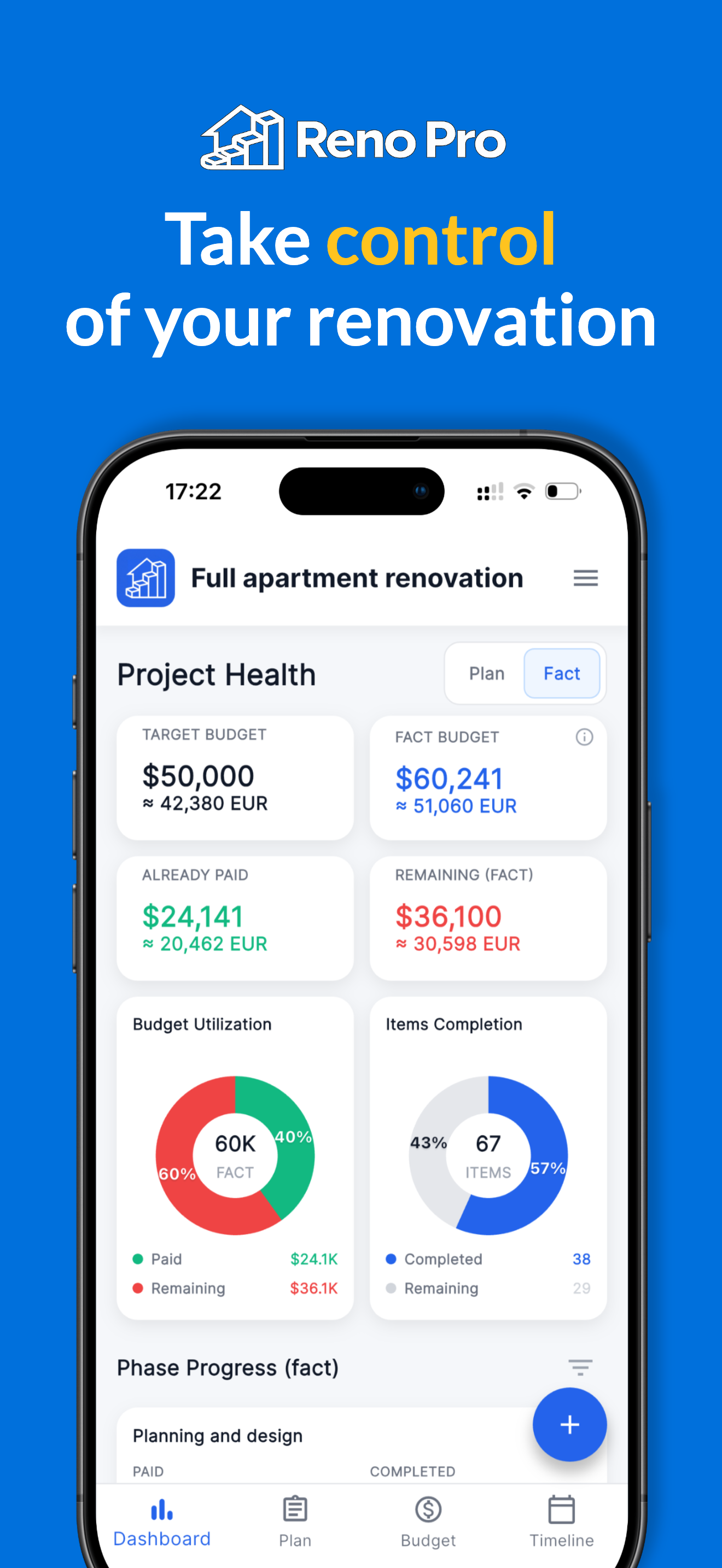 Reno Pro dashboard showing budget overview and project progress