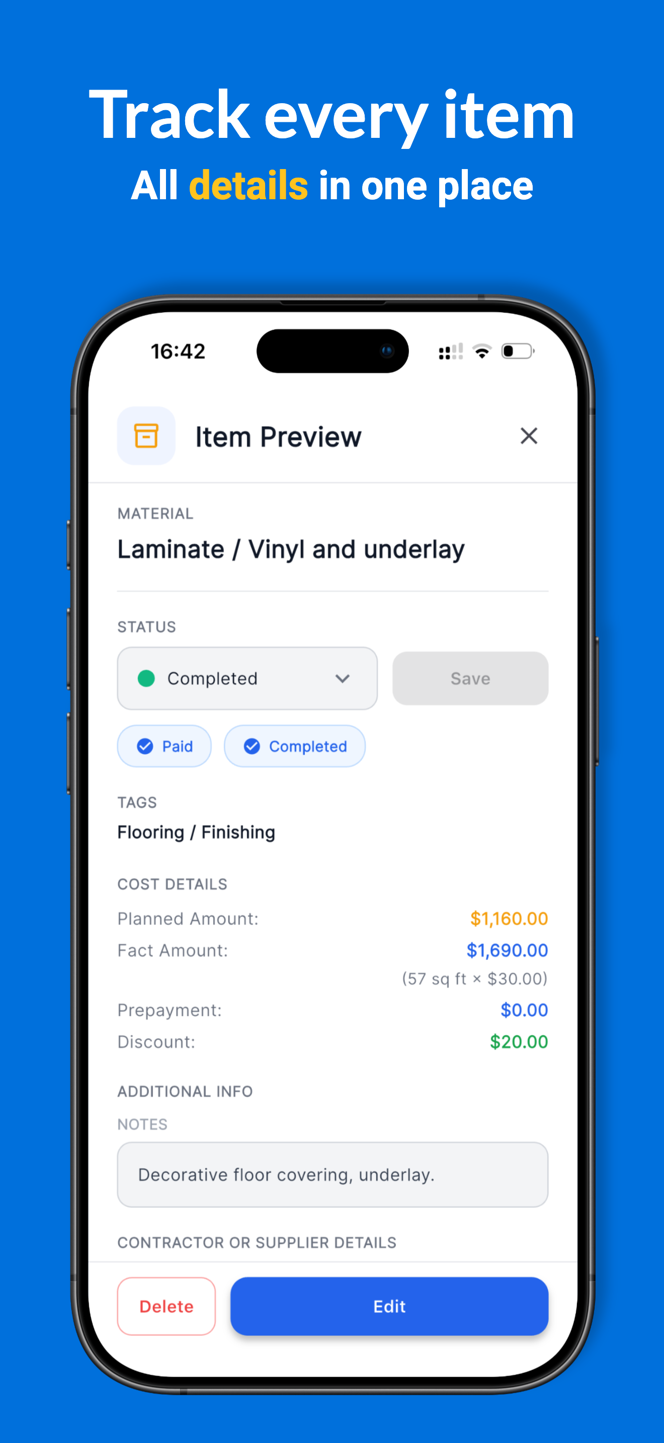 Reno Pro phase details showing progress and budget information